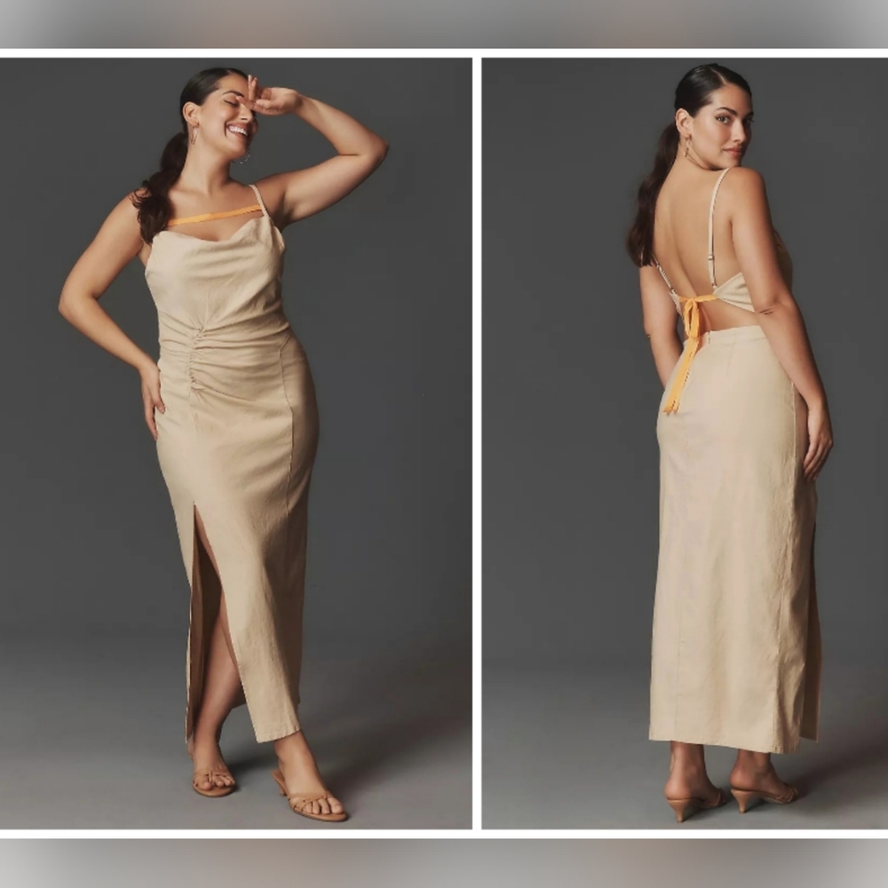 NWT Anthropologie Rushed Front Slim Fit Midi Linen Blend Sleeveless Dress